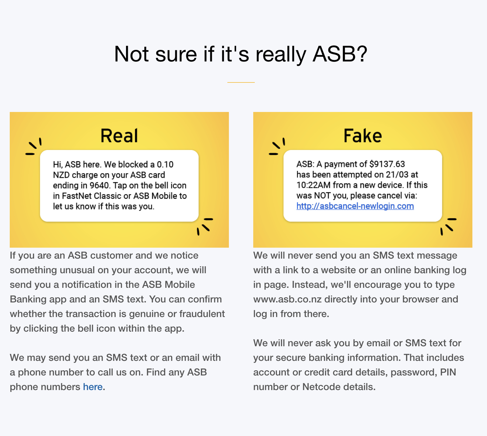 A screenshot from the ASB website showing the difference between a legitimate text alert and a fake fraudulent one