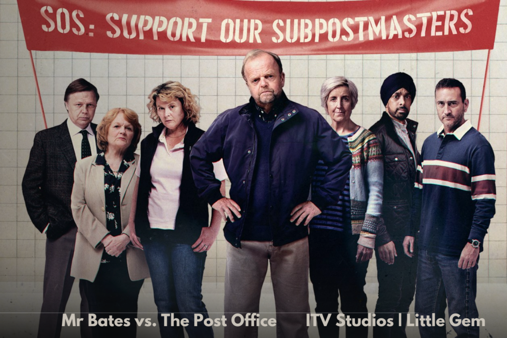 A promotional banner for Mr Bates vs. the Post Office, featuring Toby Jones and several other actors.